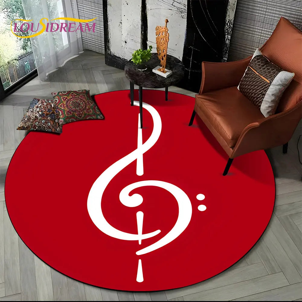 Tapete Redondo Antiderrapante com Estampa Colorida Teclas de Piano e Símbolos 150cm