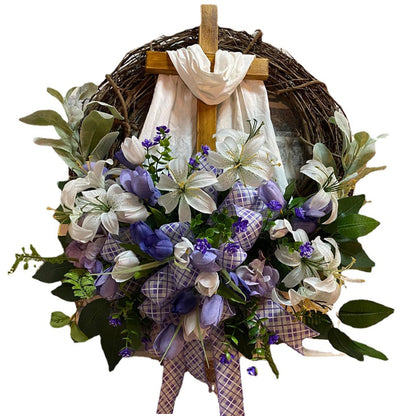 Guirlanda Religiosa Páscoa Guirlanda Cruz Sagrada Flores Decoração Enfeite Páscoa 45cm