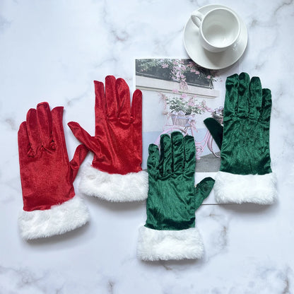 Luva de Natal para Fantasia Papai Noel Veludo com Pelo Branco, Par de Luvas Papai Noel Luxo Aveludada