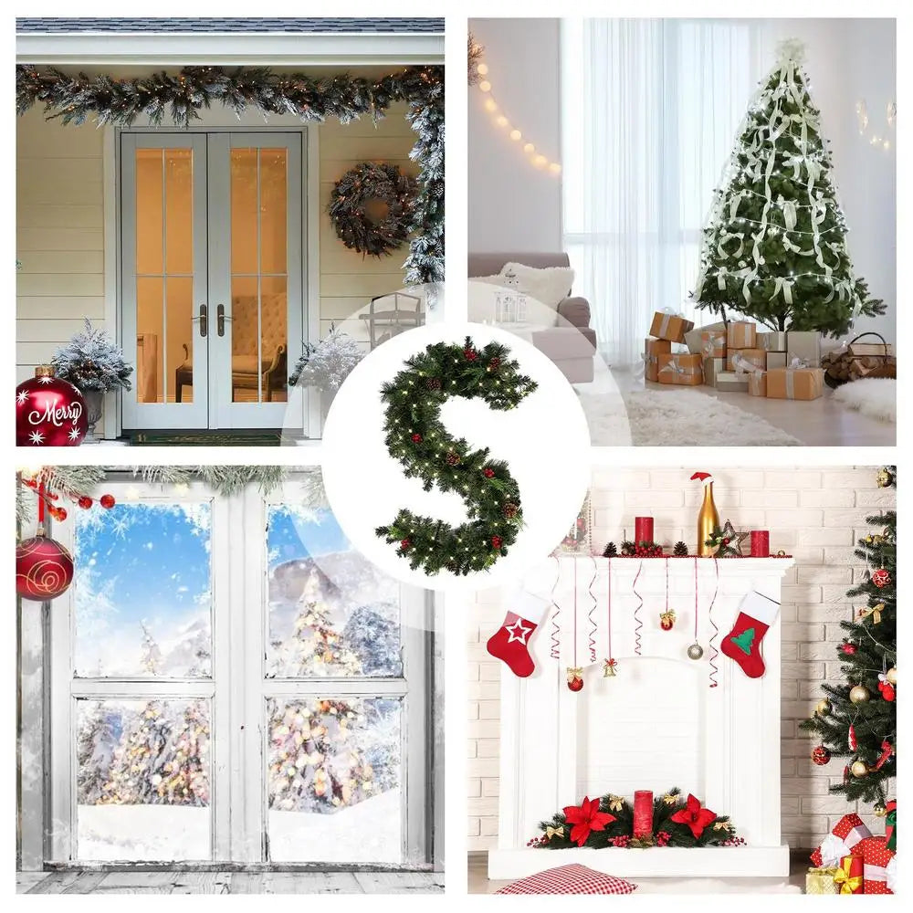 Guirlanda de Natal com luzes | Guirlanda de pinho iluminada o ano todo com temporizador