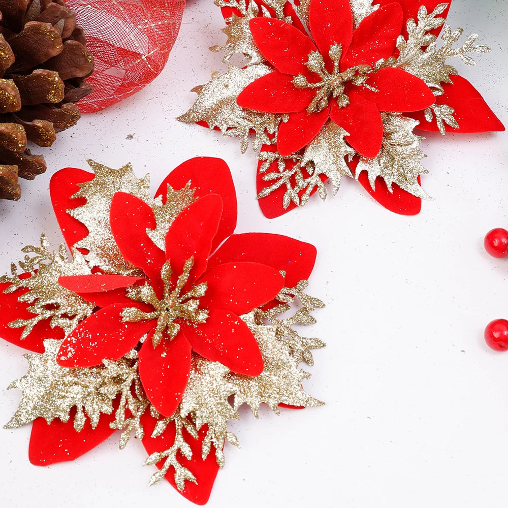 Flor Vermelha Natalina com Glitter  Flores Natal Artificiais Glitter de 14 cm, 5/10/20/50 Peças