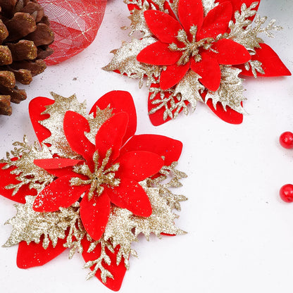 Flor Vermelha Natalina com Glitter  Flores Natal Artificiais Glitter de 14 cm, 5/10/20/50 Peças