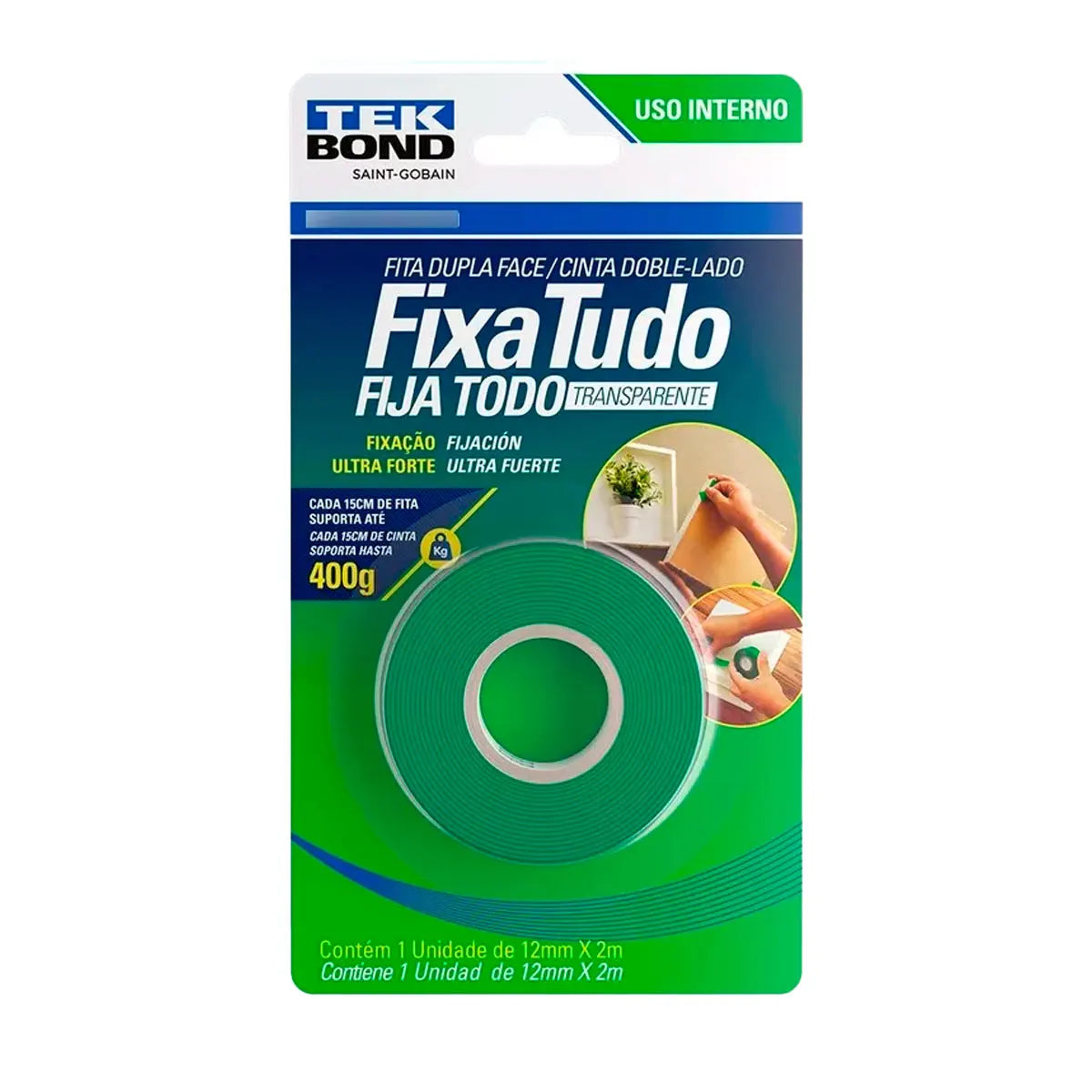 Fita Dupla Face Transparente Fixa Forte 12 Mm X 2 M Para Fixação Permanente De Quadros