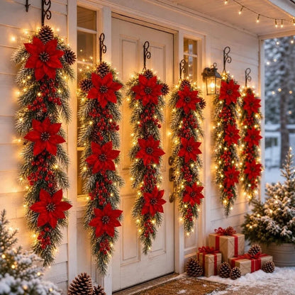 Enfeite é um Arranjo Pendente de Natal Artificial, Flores de Poinsétia Vermelho e Folhagem Pinheiro