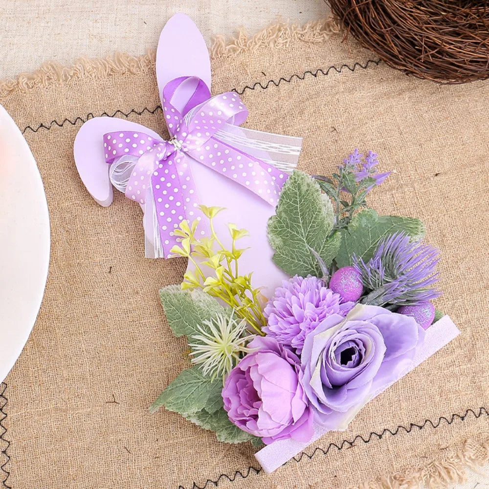 Placa Coelho Páscoa decorativa de mesa em madeira com laço em formato flor decoração