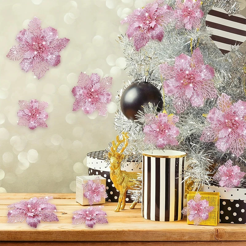 12 peças de flores artificiais de Natal de poinsétia com clipes, enfeites de Natal