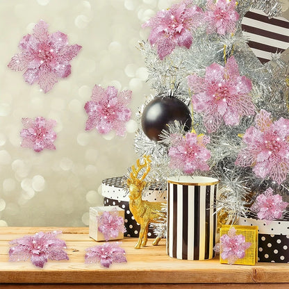 12 peças de flores artificiais de Natal de poinsétia com clipes, enfeites de Natal