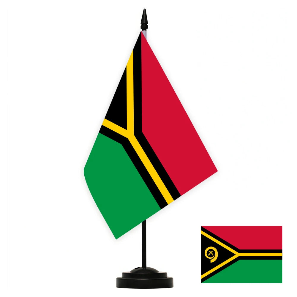 Bandeira de Mesa de Vanuatu (com Mastro e Base de plástico) Acompanhada da Representação Plana do Símbolo