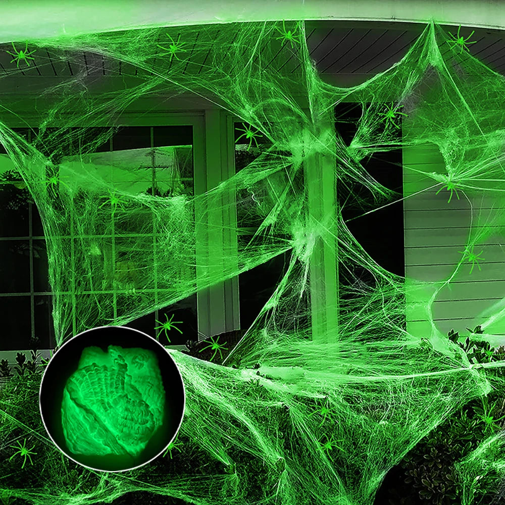 Teia aranha fluorescente de Halloween, teia de aranha macia, cena assustadora, adereços
