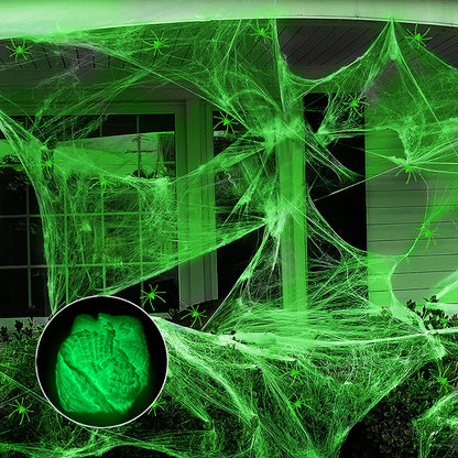 Teia aranha fluorescente de Halloween, teia de aranha macia, cena assustadora, adereços