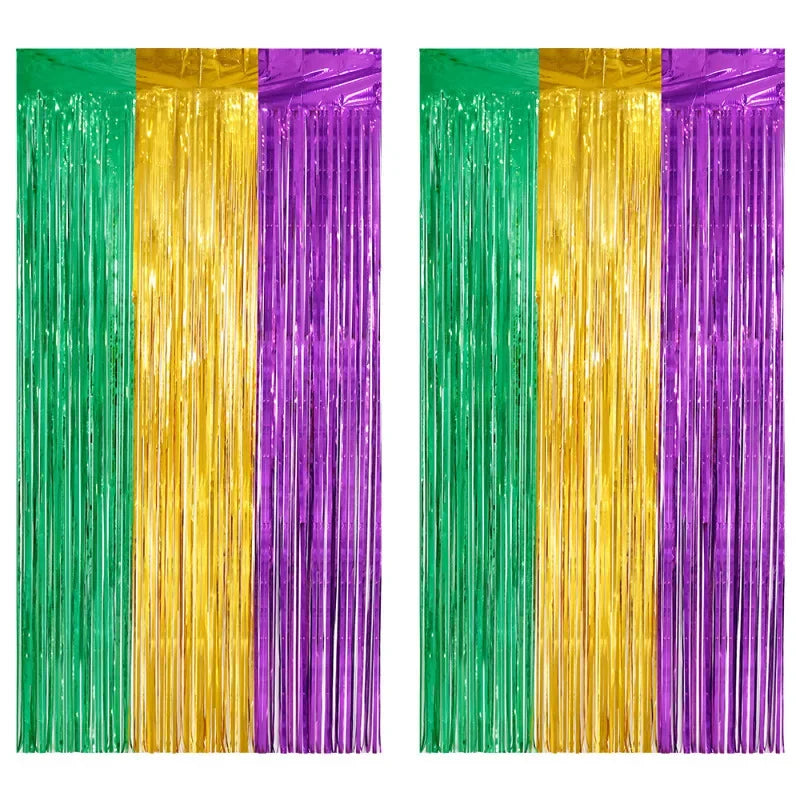 Pacote com 2 cortinas de franja de folha de carnaval 1 m x 2,5 m verde roxo dourado