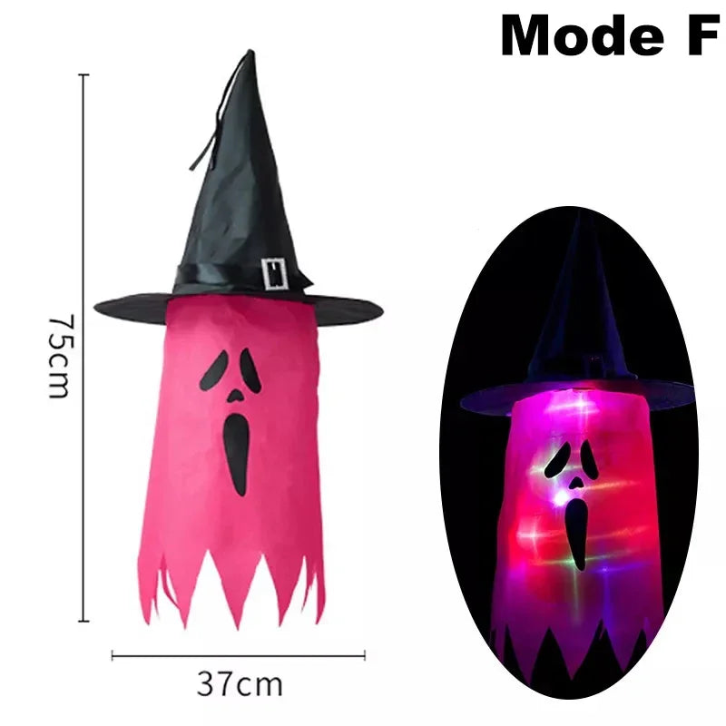 10 Peças de decoração suspensa de Halloween, chapéus de bruxa fantasma iluminados