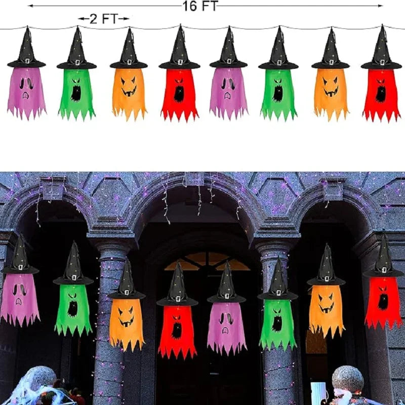 10 Peças de decoração suspensa de Halloween, chapéus de bruxa fantasma iluminados