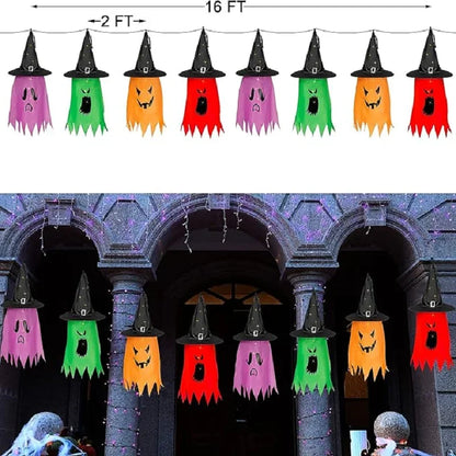 10 Peças de decoração suspensa de Halloween, chapéus de bruxa fantasma iluminados