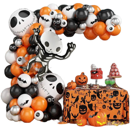 Balão Halloween, Balões látex coloridos com teia aranha - Guirlanda balões preto laranja