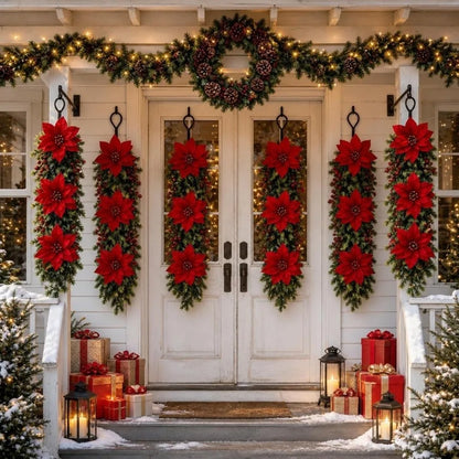 Enfeite é um Arranjo Pendente de Natal Artificial, Flores de Poinsétia Vermelho e Folhagem Pinheiro