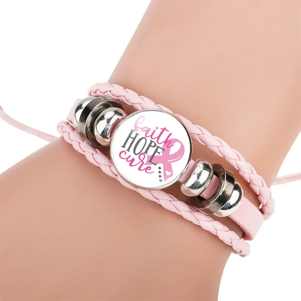 Pulseiras para mulheres, câncer de mama fita rosa pulseira de corda de amor