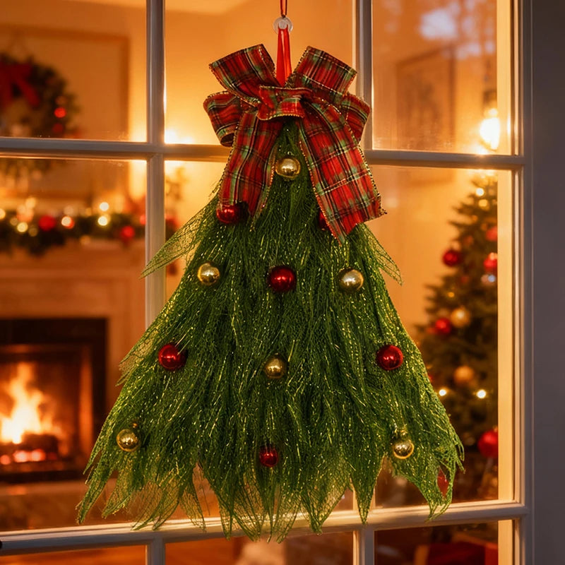 Guirlanda de Natal em Formato de Árvore Feita com Tela Decorativa Verde Franzida