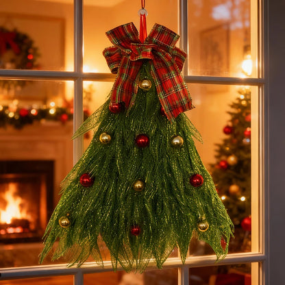 Guirlanda de Natal em Formato de Árvore Feita com Tela Decorativa Verde Franzida