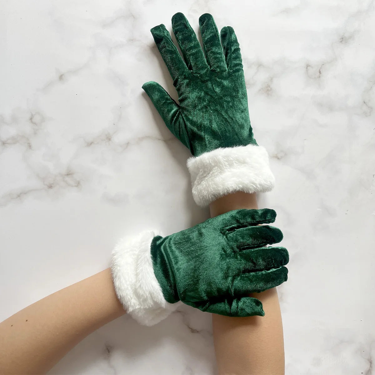 Luva de Natal para Fantasia Papai Noel Veludo com Pelo Branco, Par de Luvas Papai Noel Luxo Aveludada