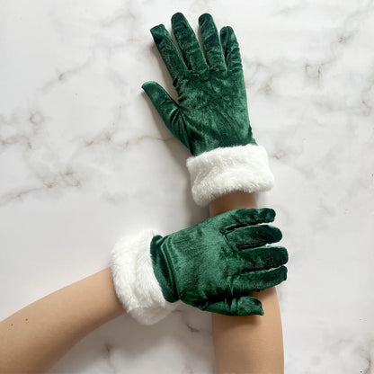 Luva de Natal para Fantasia Papai Noel Veludo com Pelo Branco, Par de Luvas Papai Noel Luxo Aveludada