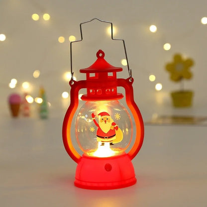 Lanterna Decorativa de Natal Vermelha Estilo Lamparina, com a Figura do Papai Noel no Interior e Iluminação LED