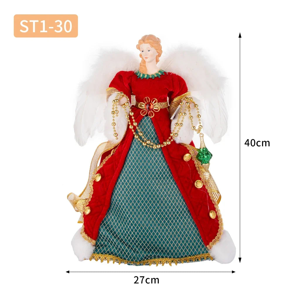 Enfeite de árvore de anjo de Natal asas douradas, elegante estatueta anjo vestido verde