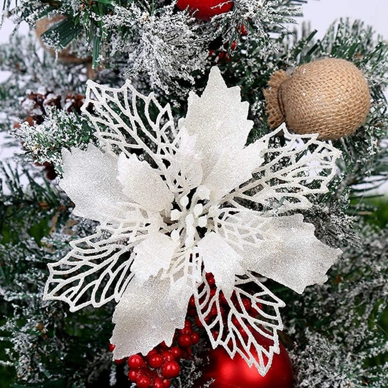 10 Peças de flores artificiais de poinsétia com glitter de Natal, decorações de flores