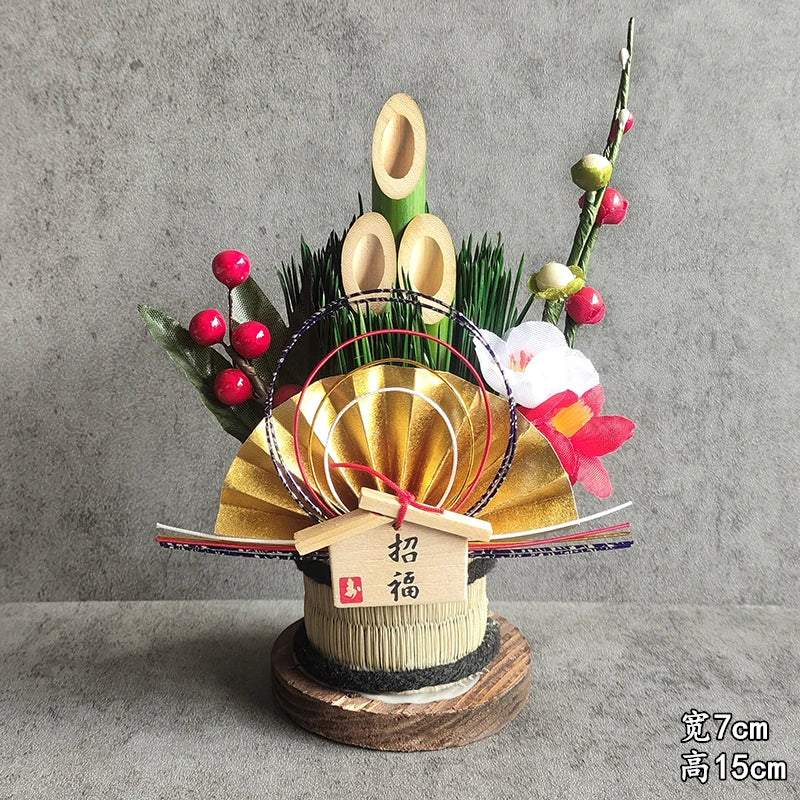 Vaso Três Tubos Leque Dourado com Placa de Madeira, Adorno de Mesa de Ano Novo Japonês (Kadomatsu)