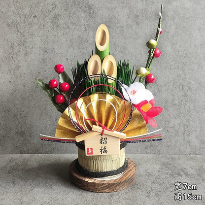 Vaso Três Tubos Leque Dourado com Placa de Madeira, Adorno de Mesa de Ano Novo Japonês (Kadomatsu)