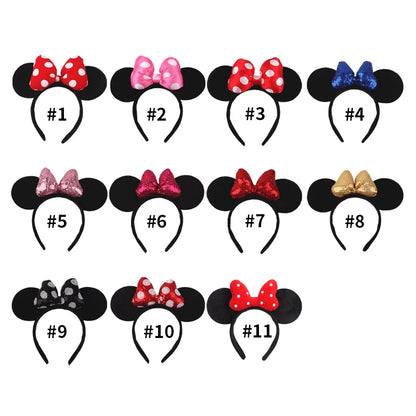 Tiara de orelhas de Disney iluminada de luxo com laço piscante e estampa de bolinhas