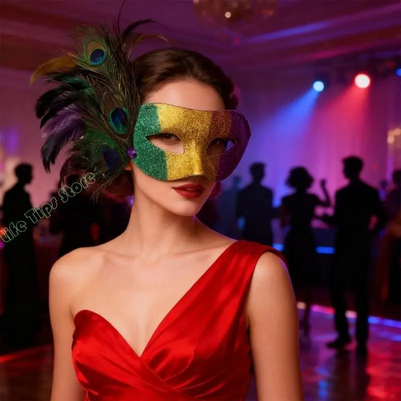 Máscara de Baile de Carnaval Estilo Veneziano Carnaval Enfeitada com Glitter nas Cores Verde, Dourado e Roxo