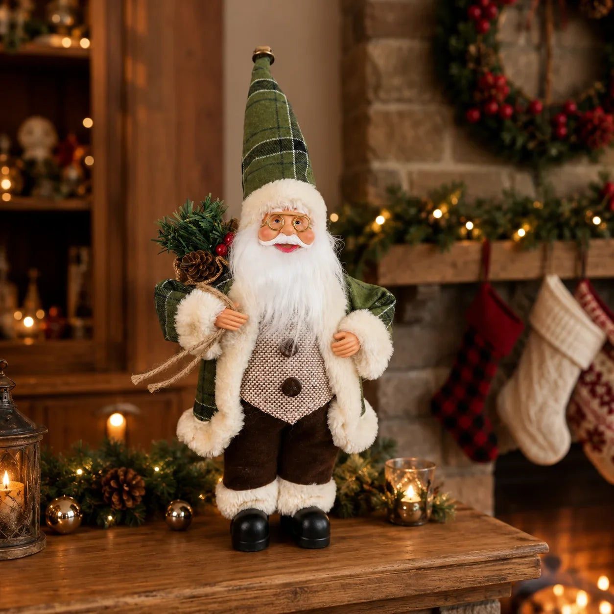 Papai Noel Decorativo de Mesa Verde com Pinheiro e Sacola Presente de 30cm*11.81 Pol.