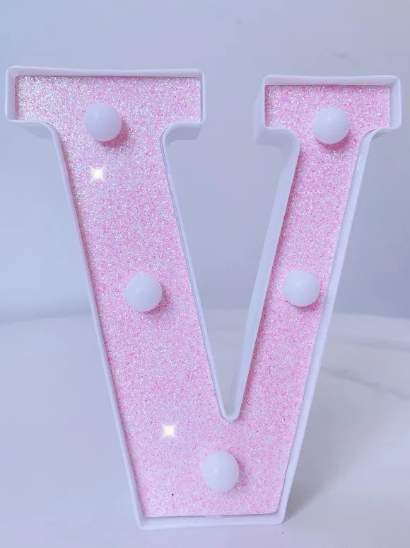 Letra de LED para letreiro de letreiro, letras rosa iluminadas com glitter alfabeto letrado