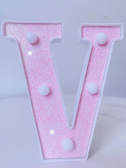 Letra de LED para letreiro de letreiro, letras rosa iluminadas com glitter alfabeto letrado