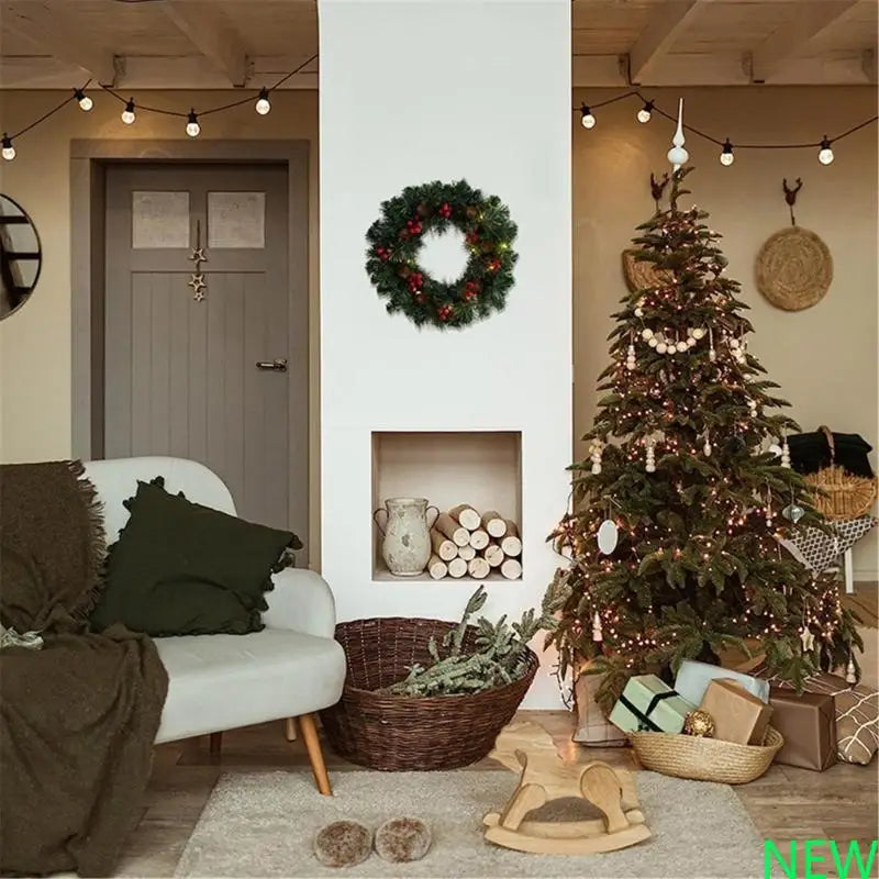 Guirlandas De Natal Verde 40cm Aramado Para Porta Verde-escuro com luz LED