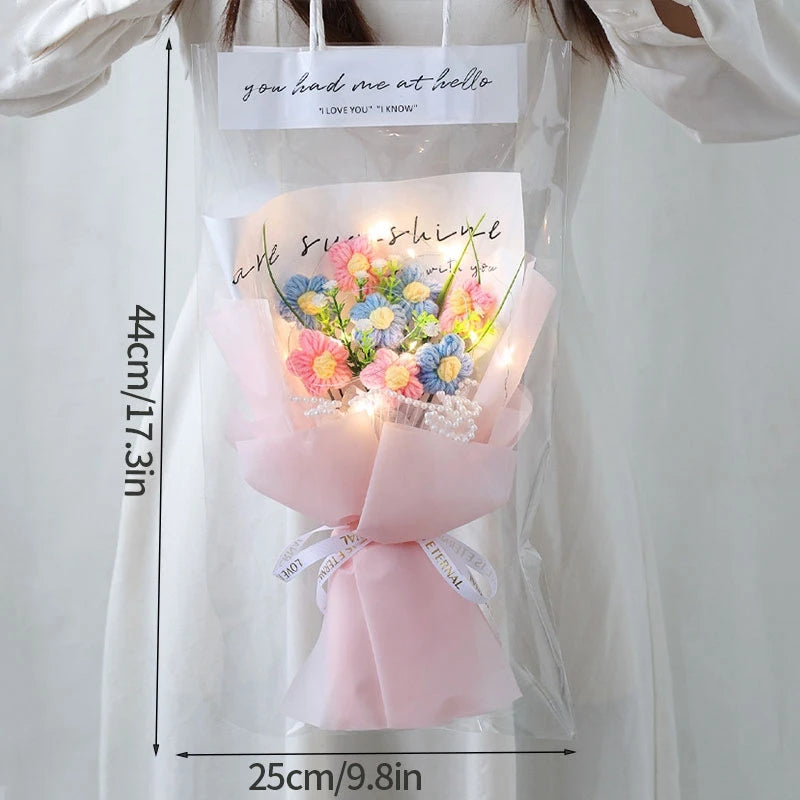 Kit completo de buquê de crochê de LED feito à mão, buquê de crochê, flor folhada falsa