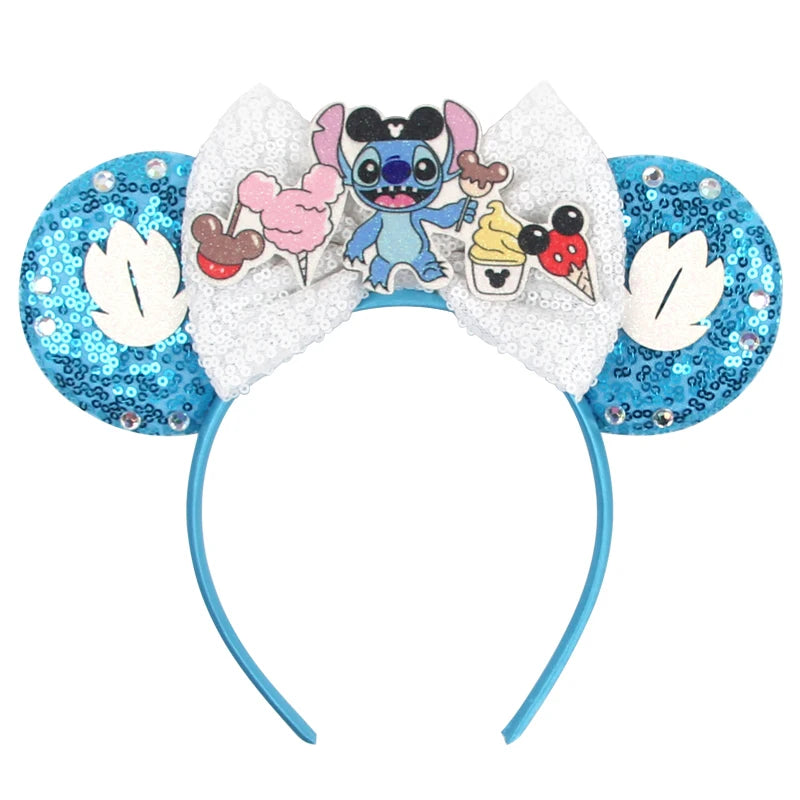 Tiara de orelhas de Disney iluminada de luxo com laço piscante e estampa de bolinhas