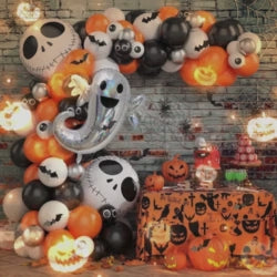 Balão Halloween, Balões látex coloridos com teia aranha - Guirlanda balões preto laranja