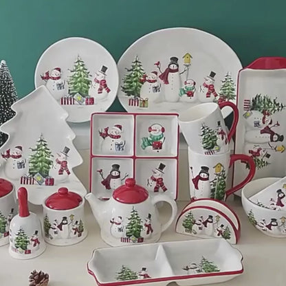 Natal boneco de neve prato e placa talheres conjunto cozinha molho armazenamento